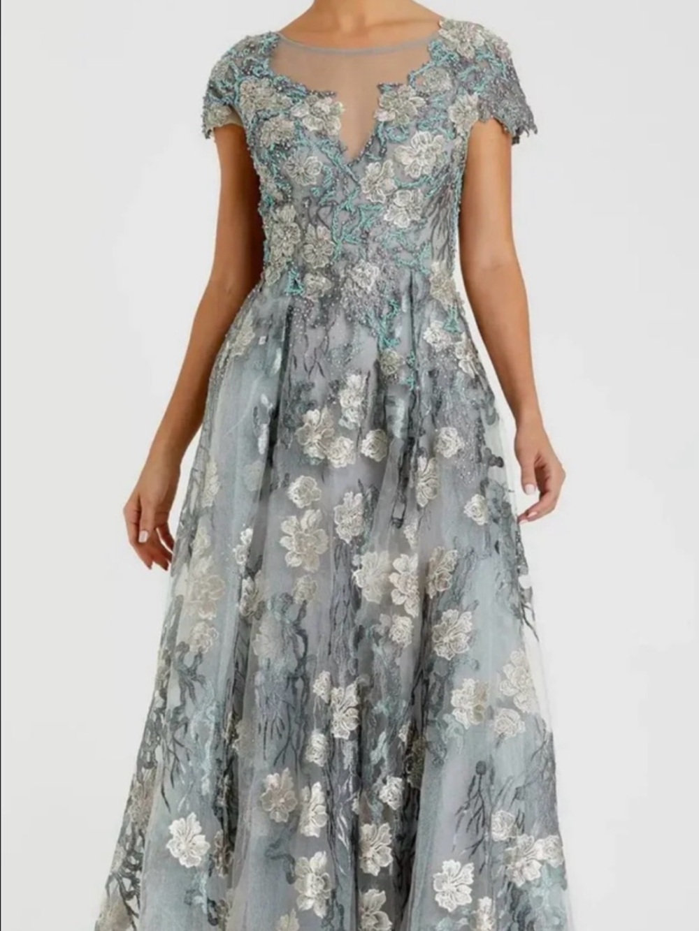 Mac Duggal Silver-Green Floral Embroidered Short Cap Evening Gown